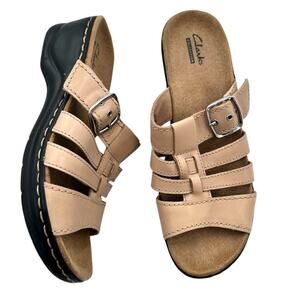 Clarks Tan Leather Lexi Opal Slip On Sandals with Wedge Heel Size 8